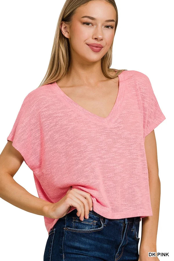 V- Neck Drop Shoulder Short Sleeve Crop Top