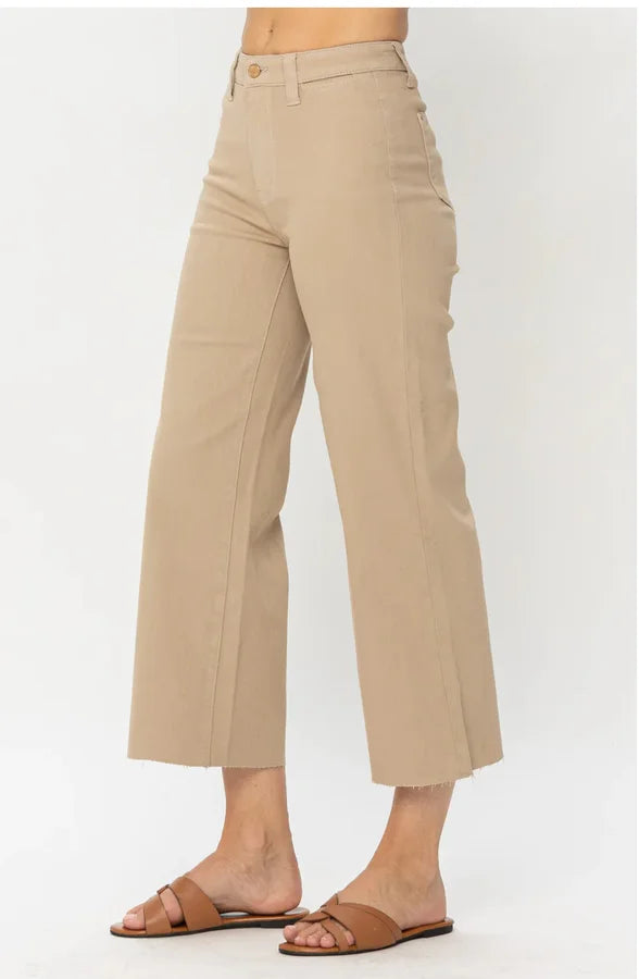 High Waist Garment Dyed Tummy Control Crop Wide Jeans