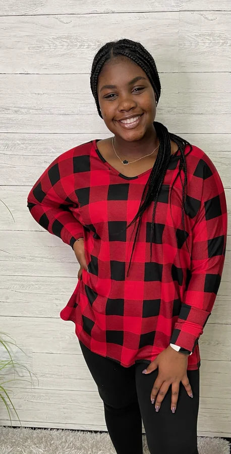 Plaid Red/Black V-Neck Loose Fit Top
