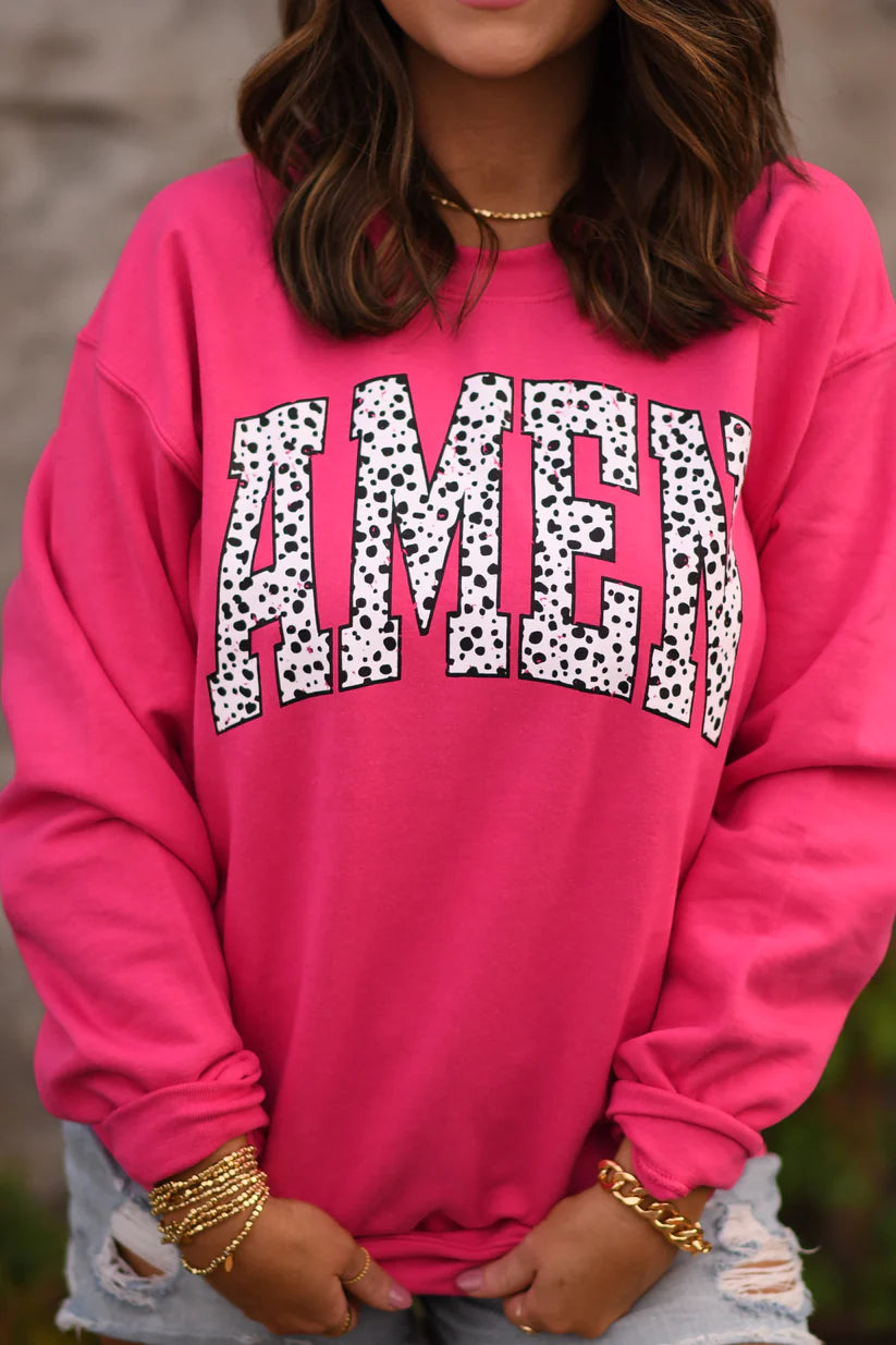 Dalmation Amen Sweatshirt in Hot Pink
