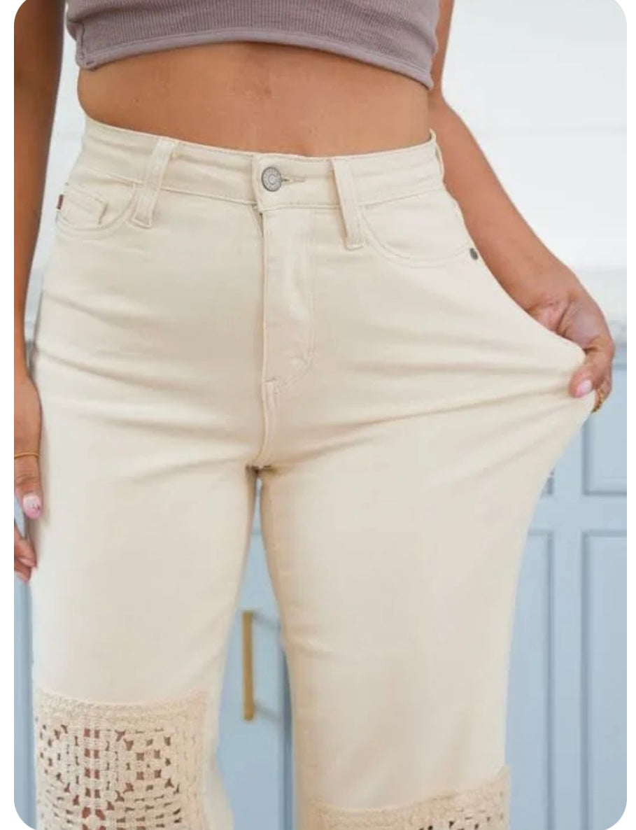 Judy blue high waist crochet patches wide leg jeans