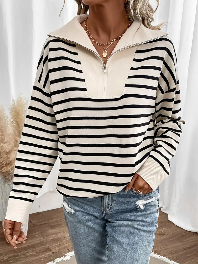 Elegant Stripe Zip Up Collared Sweater