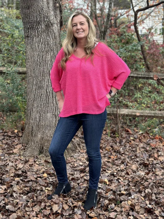 3/4 sleeve V Neck Waffle Top