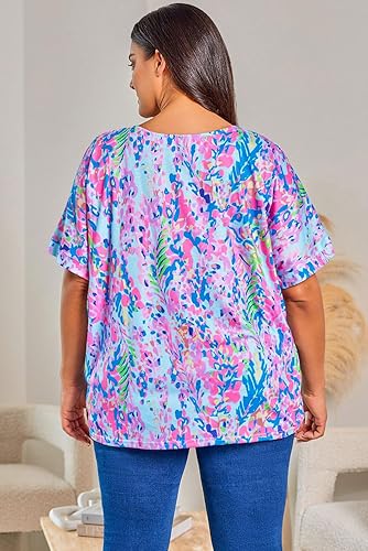 Curvy Sky Blue Plus Plant Print V Neck T-shirt