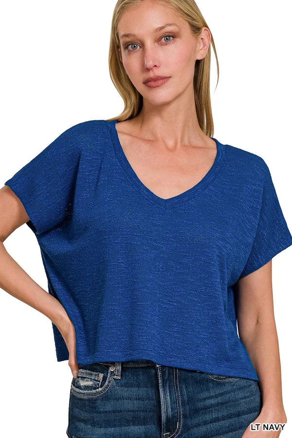 V- Neck Drop Shoulder Short Sleeve Crop Top