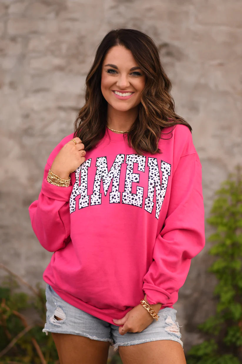 Dalmation Amen Sweatshirt in Hot Pink