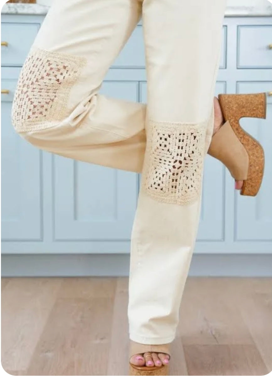 Judy blue high waist crochet patches wide leg jeans