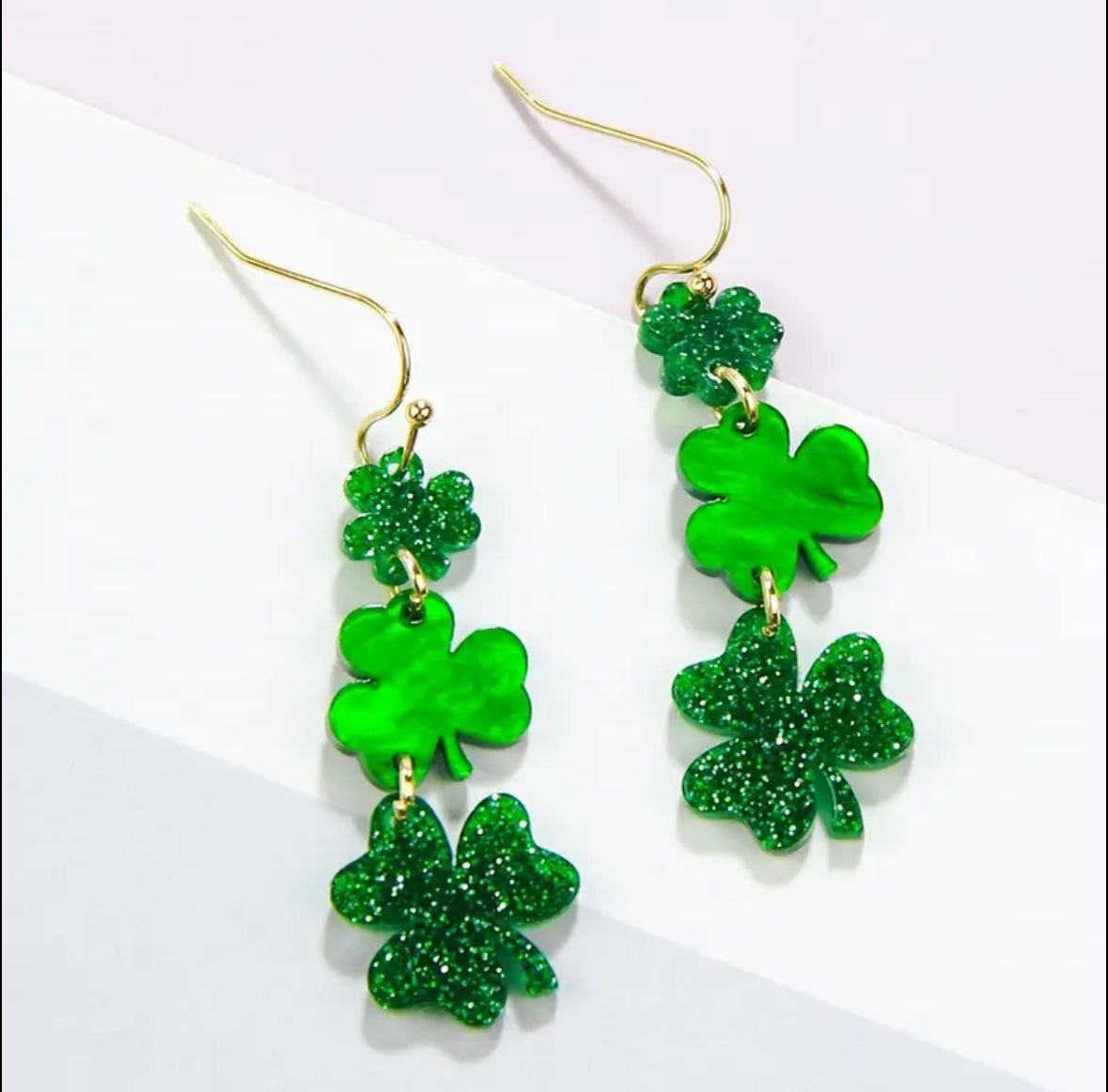 Acrylic Green Glitter Clover Earrings