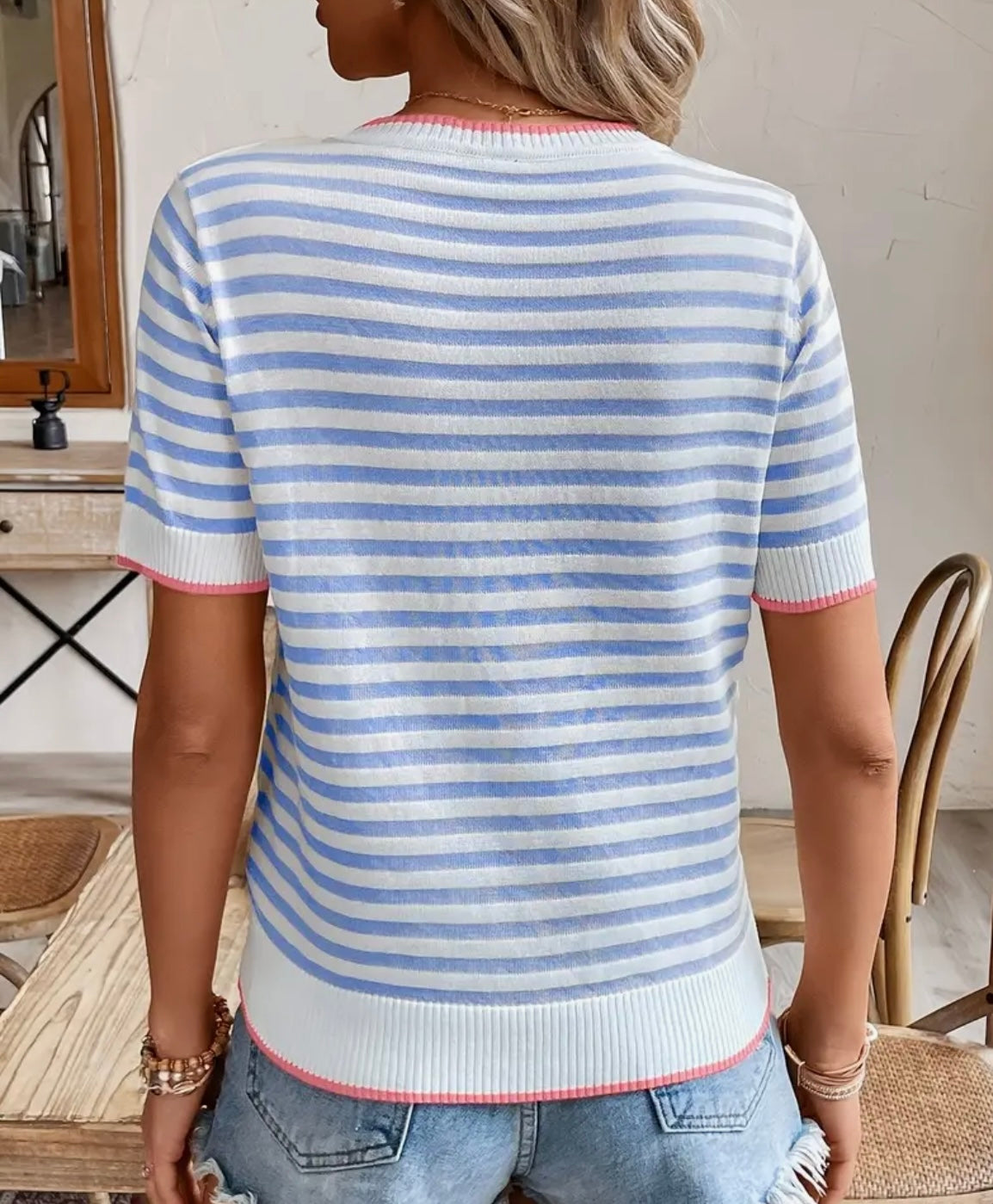 Casual Striped Knit Short Sleeve Top