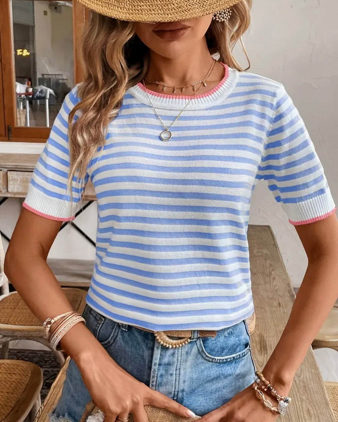 Casual Striped Knit Short Sleeve Top