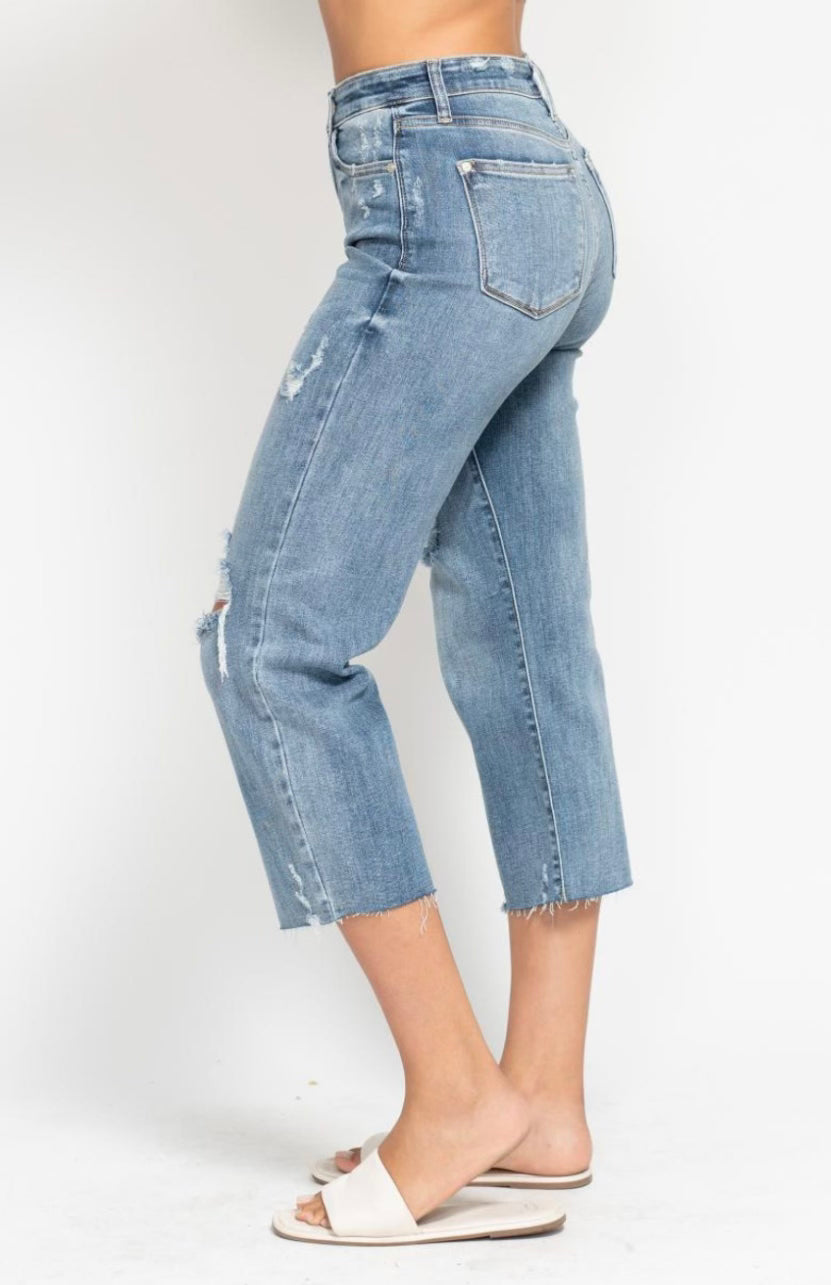 High Waist Destroy Crop Wide Leg Judy Blue Jeans