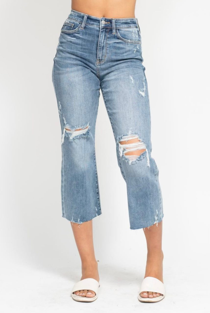 High Waist Destroy Crop Wide Leg Judy Blue Jeans