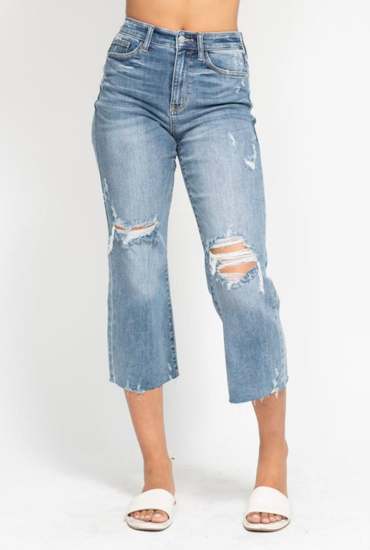 High Waist Destroy Crop Wide Leg Judy Blue Jeans
