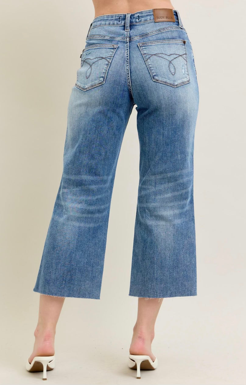 High Waist Raw Cut Hem Crop Wide Judy Blue Jeans