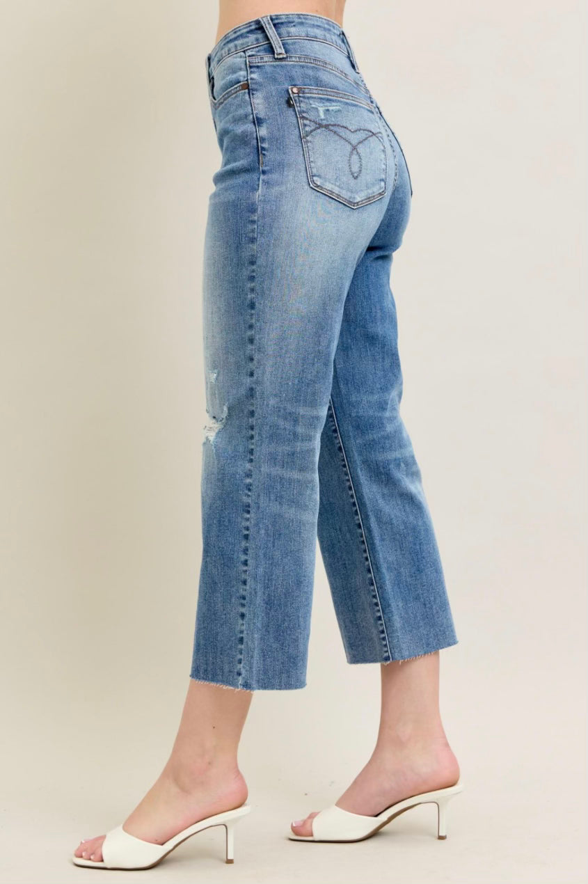 High Waist Raw Cut Hem Crop Wide Judy Blue Jeans