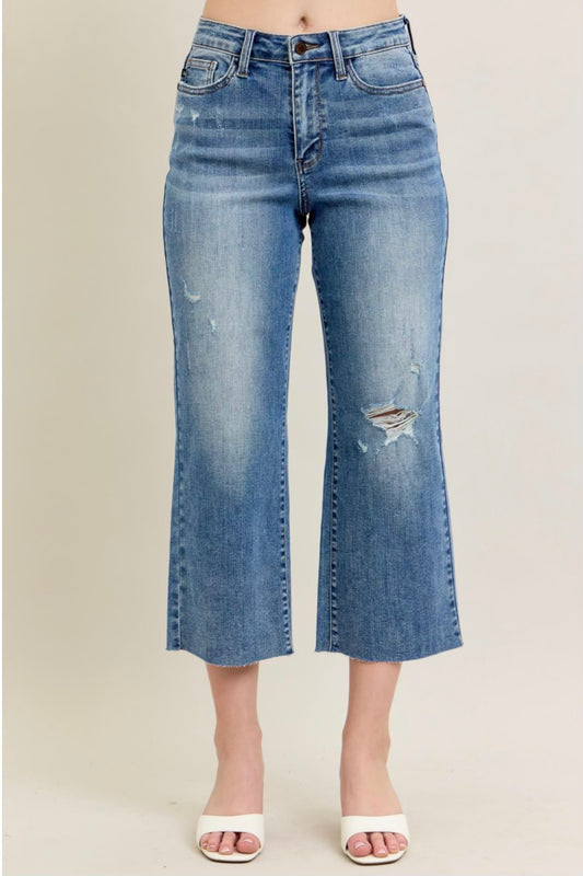 High Waist Raw Cut Hem Crop Wide Judy Blue Jeans