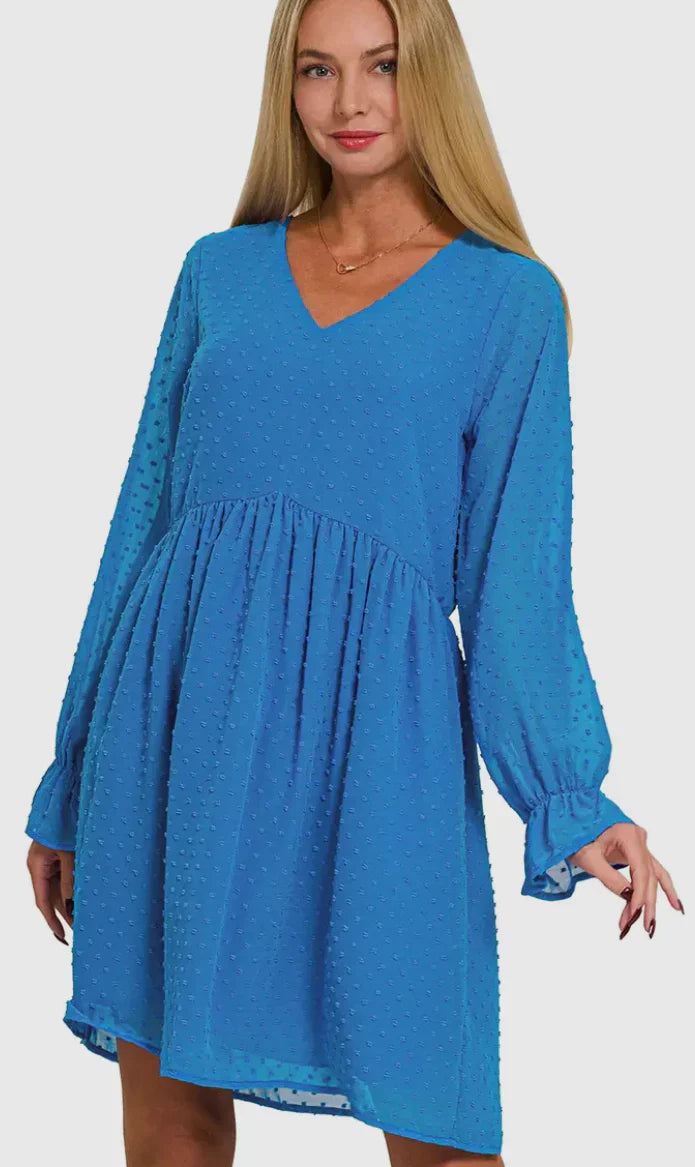 Swiss Dot Long Sleeve V-Neck Dress