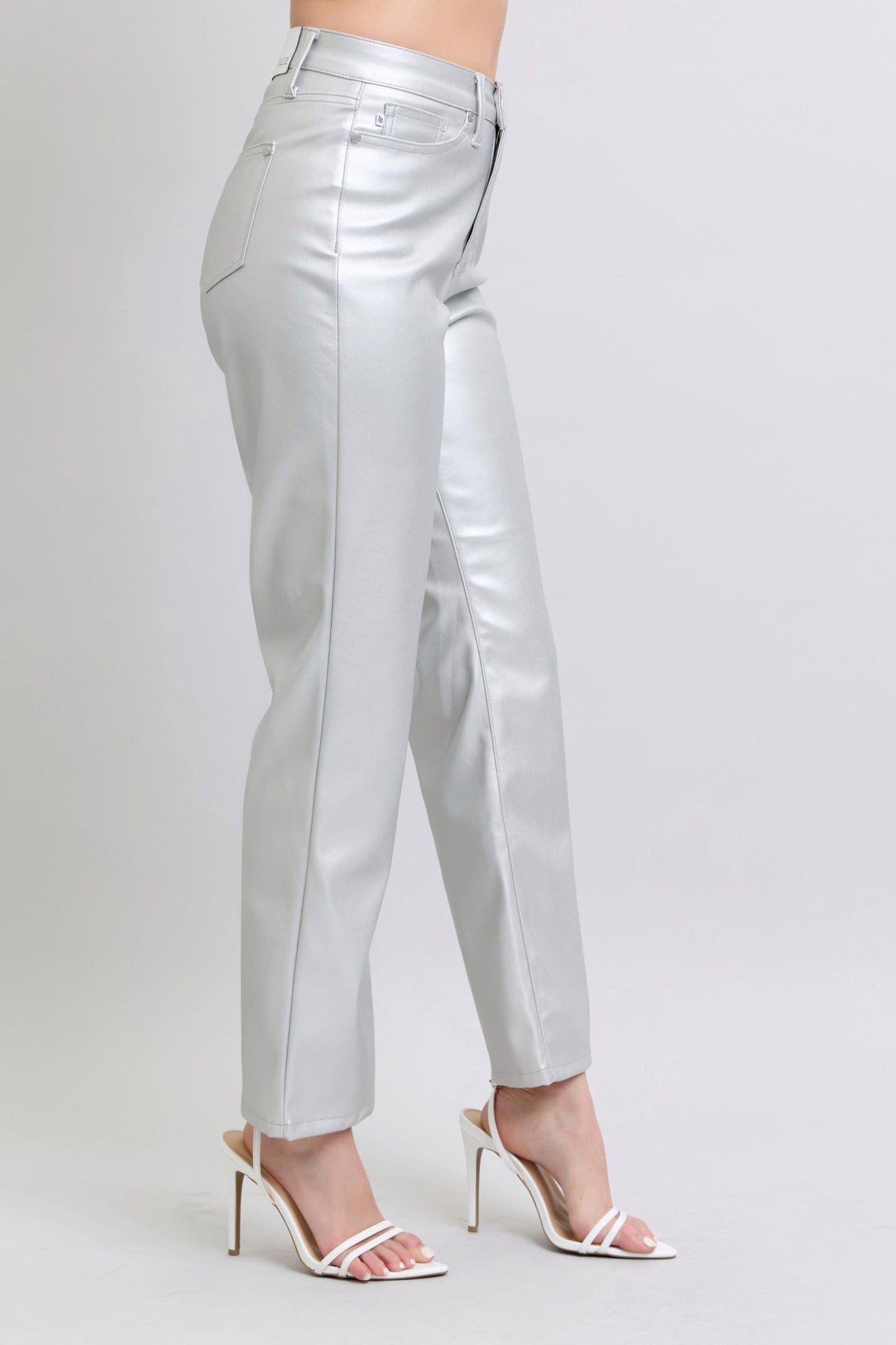High Waist Tummy Control Metallic Silver Faux Leather Straight Judy Blue Jeans