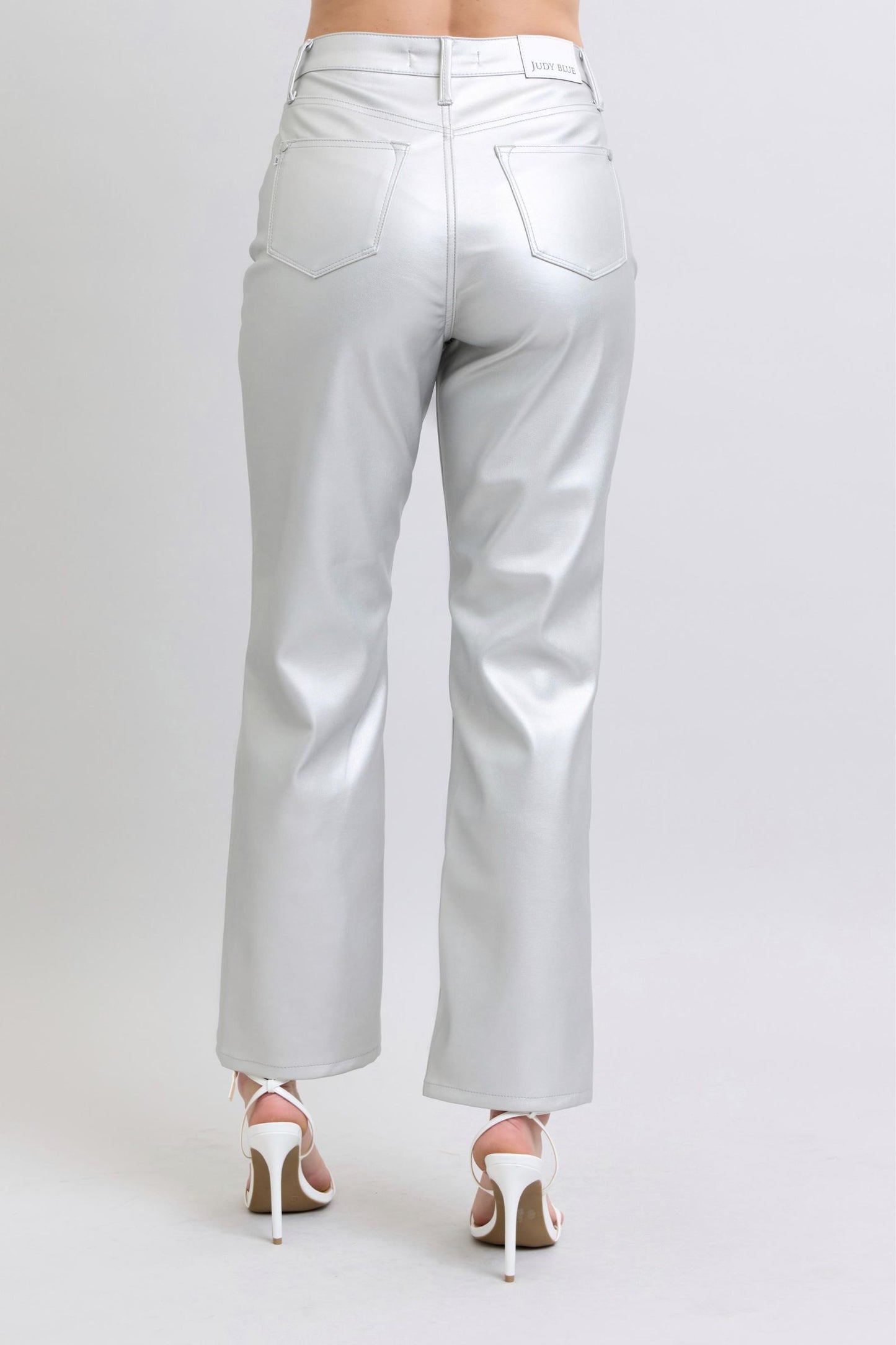 High Waist Tummy Control Metallic Silver Faux Leather Straight Judy Blue Jeans