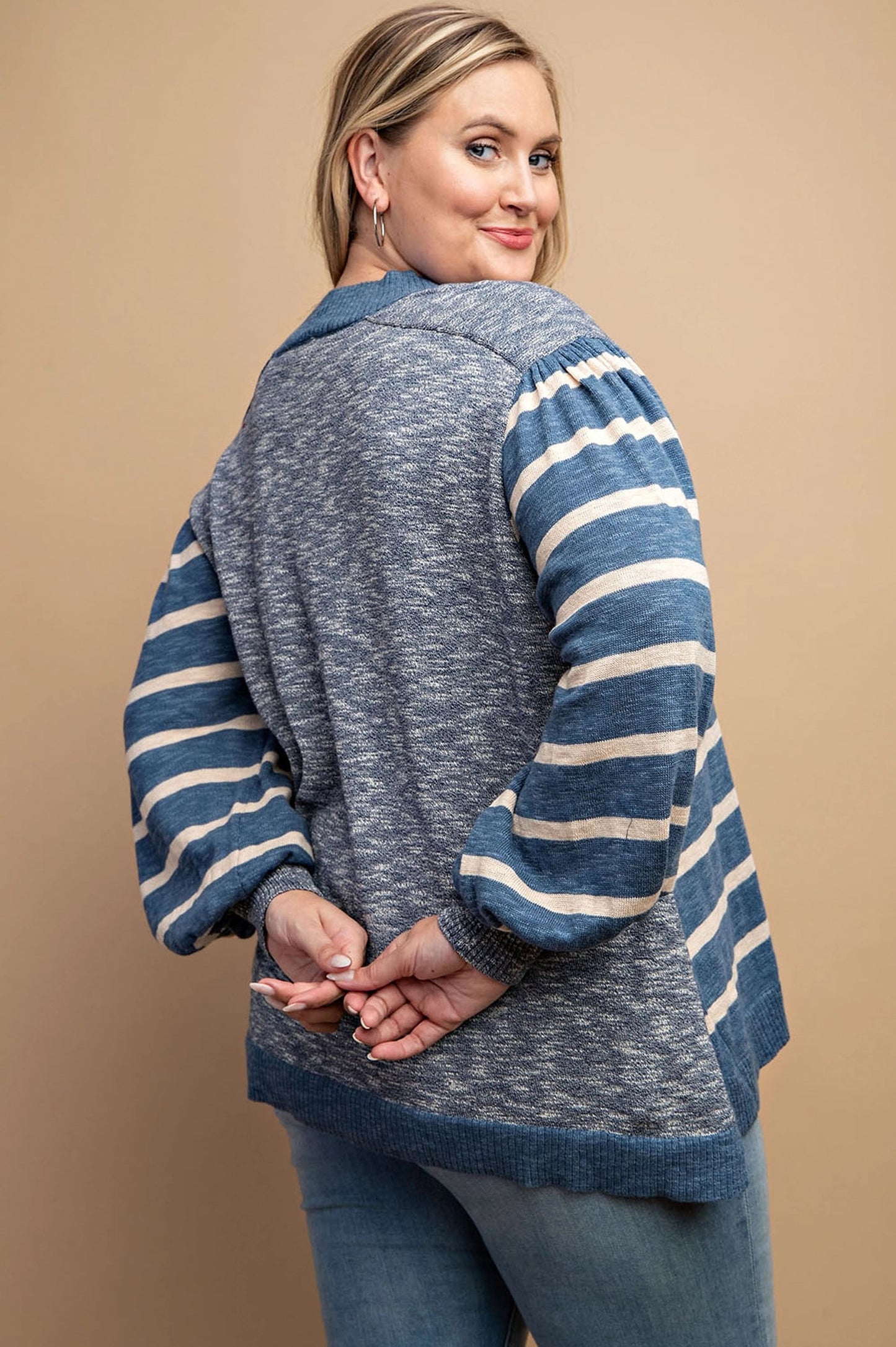 Light Weight Textured Knit and Striped Sweater Top with Front Pocket Curvy