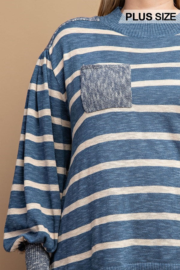 Light Weight Textured Knit and Striped Sweater Top with Front Pocket Curvy