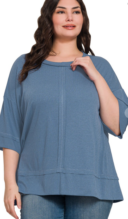 Curvy Ribbed Boat Neck 3/4 Sleeve Top