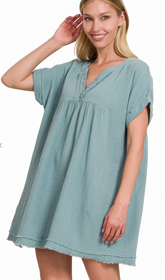 Double Gauze Raw Edge V-Neck Dress