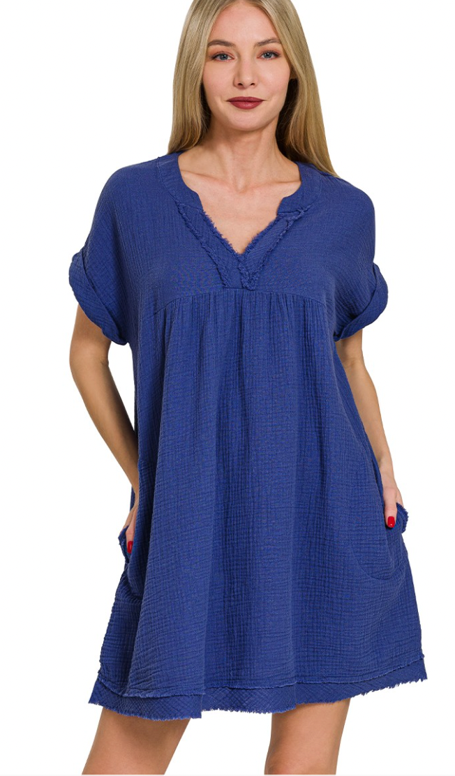 Double Gauze Raw Edge V-Neck Dress