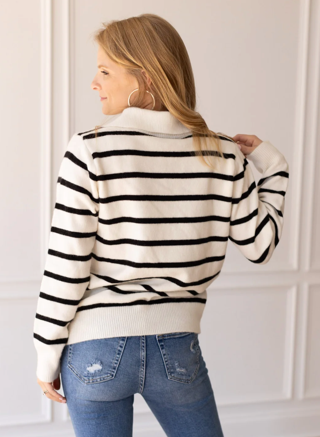 Black and White Stripe Quarter Zip Sweater