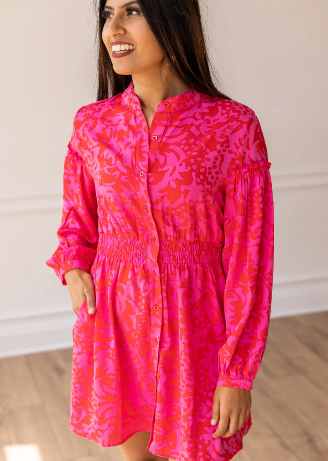 Rosy Fusion Button Down Dress, Red and Pink