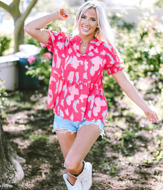 Curvy Rose Abstract Print Smocked Puff Sleeve V-Neck Blouse