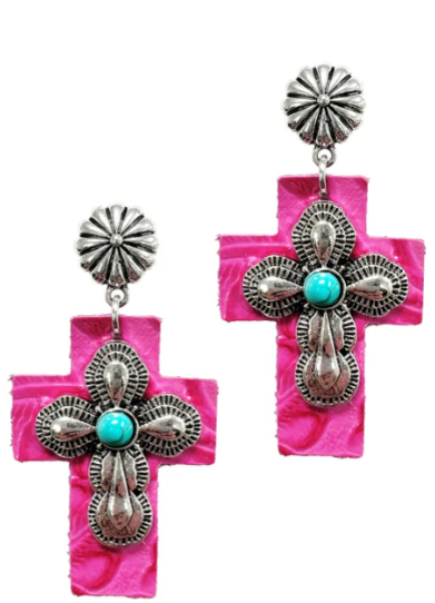 Silver Cross Earrings with Pink Leather Backing