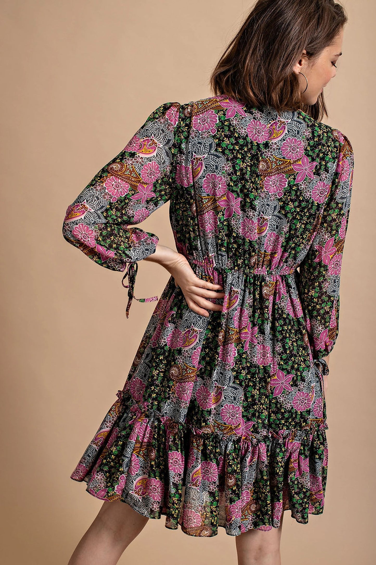 Floral Print Ruffle Dress with Tie Detail on Sleeve