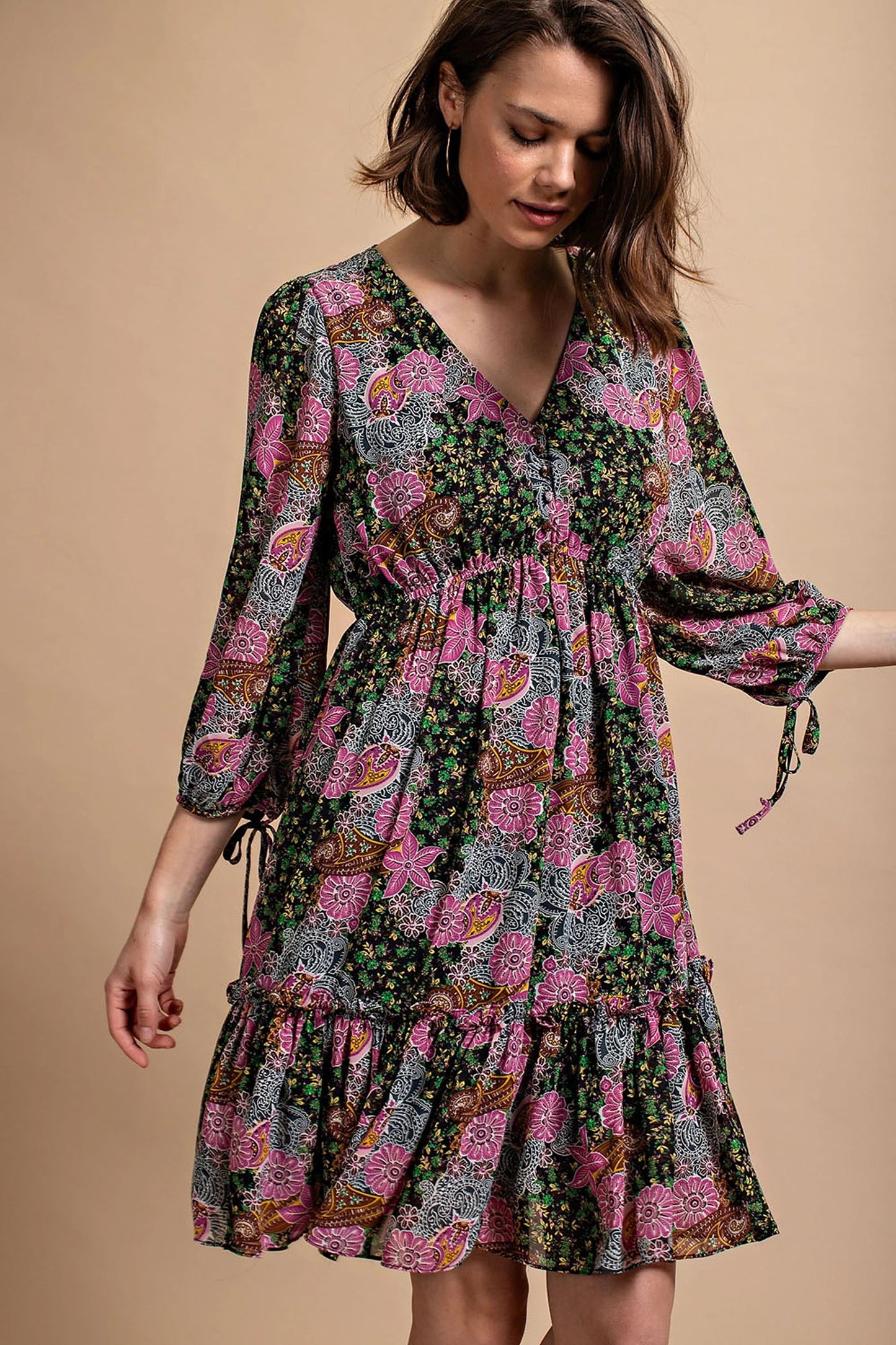 Floral Print Ruffle Dress with Tie Detail on Sleeve