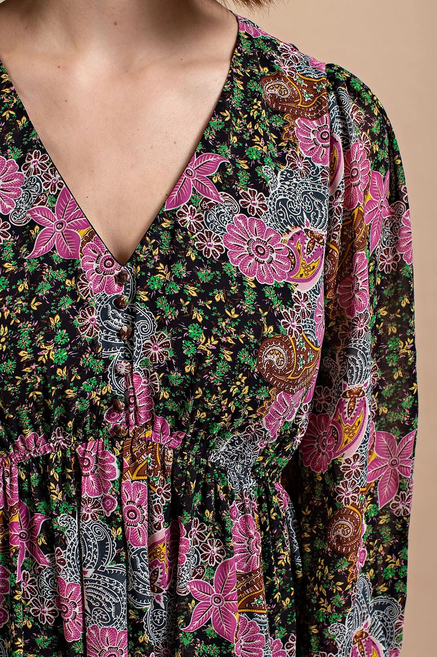 Floral Print Ruffle Dress with Tie Detail on Sleeve