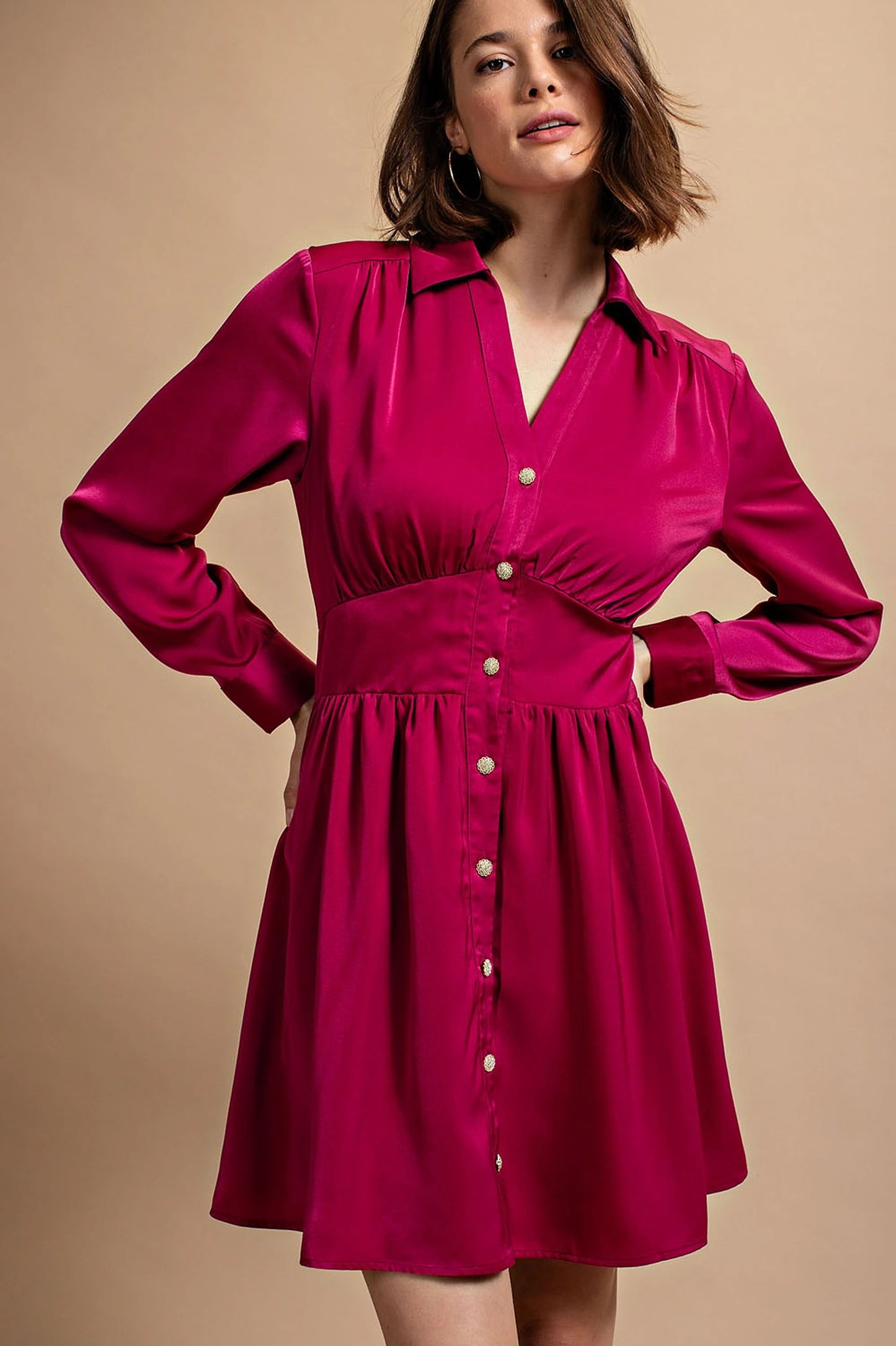 Satin Button Down Shirt Dress with jeweled buttons