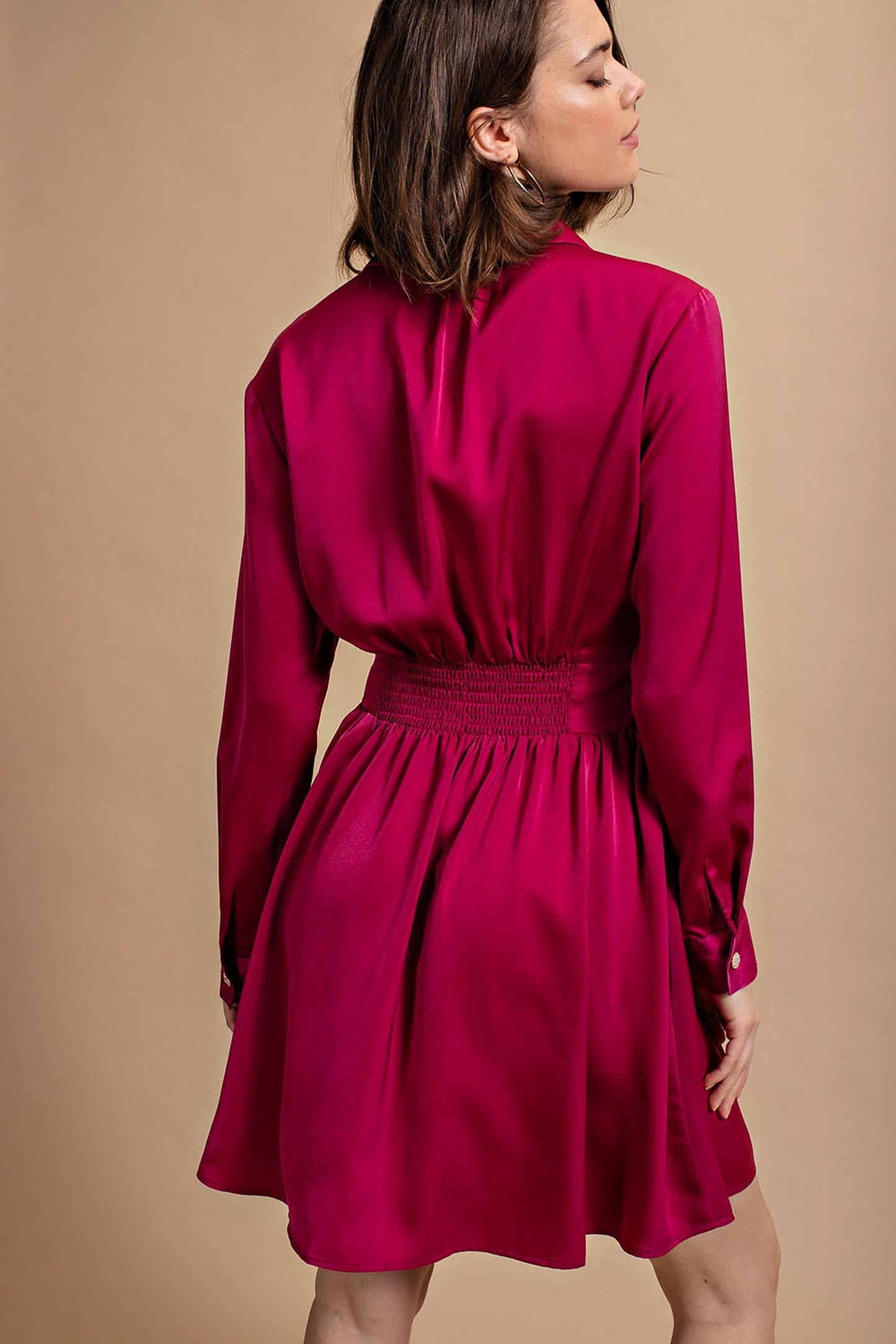 Satin Button Down Shirt Dress with jeweled buttons