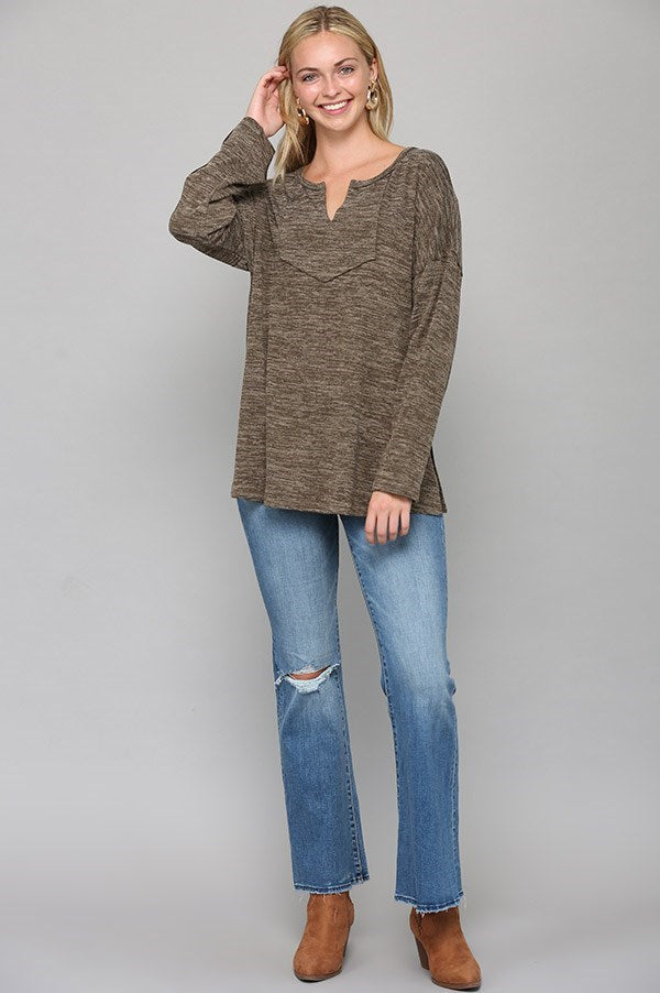 Two-tone Slub Knit Raw Edge and Side Slit Detail Top