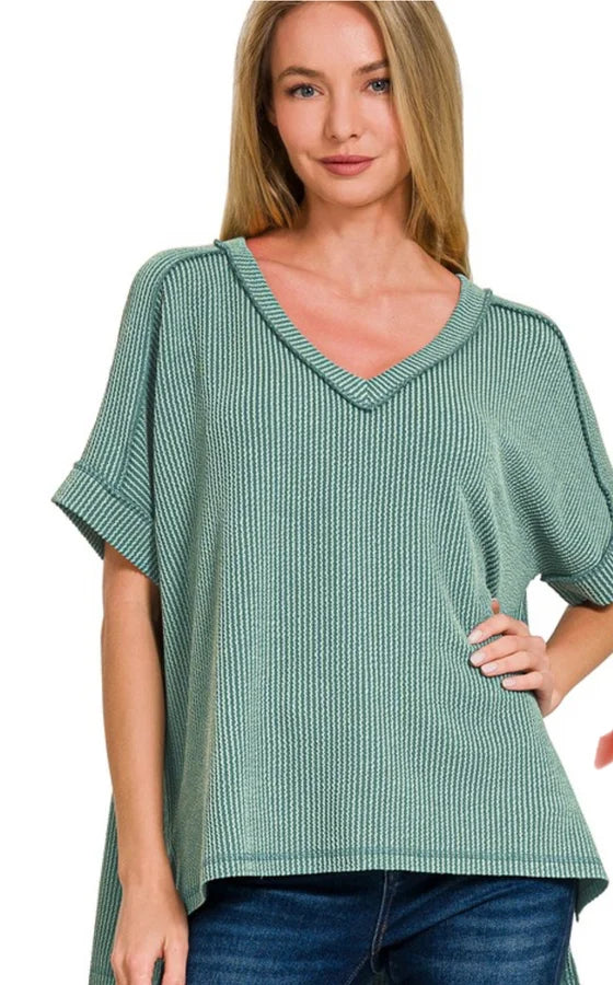 Corded Rib Short Sleeve Hi-Low V-Neck Top