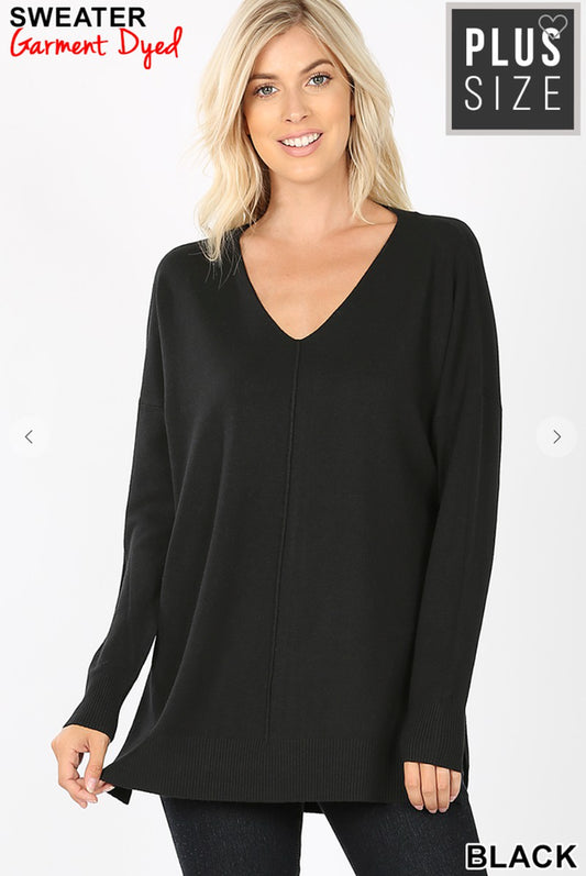 Curvy Black V-Neck Center Seam Sweater