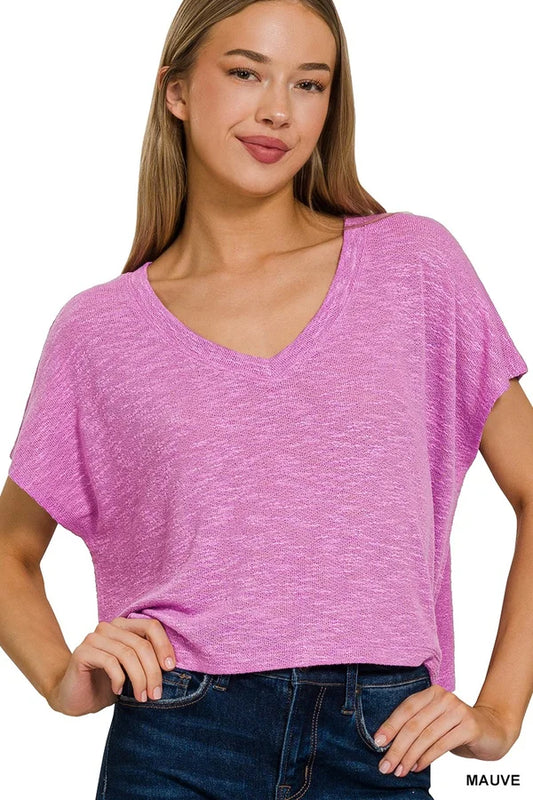 V- Neck Drop Shoulder Short Sleeve Crop Top