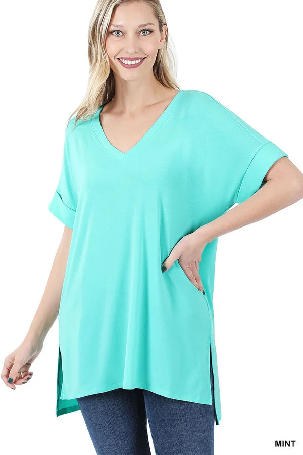 Curvy Rolled Short Sleeve Side Slit Hi-Low Hem Top