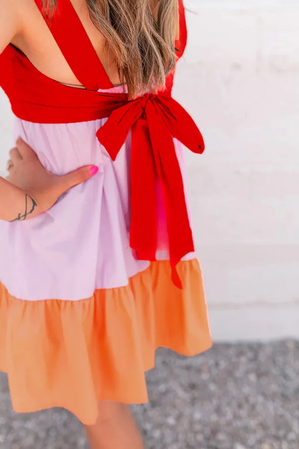 Multicolor Tri-color Tied Backless Fit Flare Dress