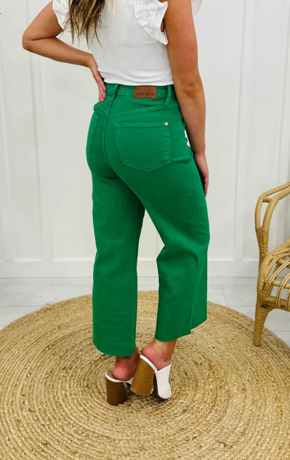 High Waist Garment Dyed Tummy Control Crop Wide Jeans