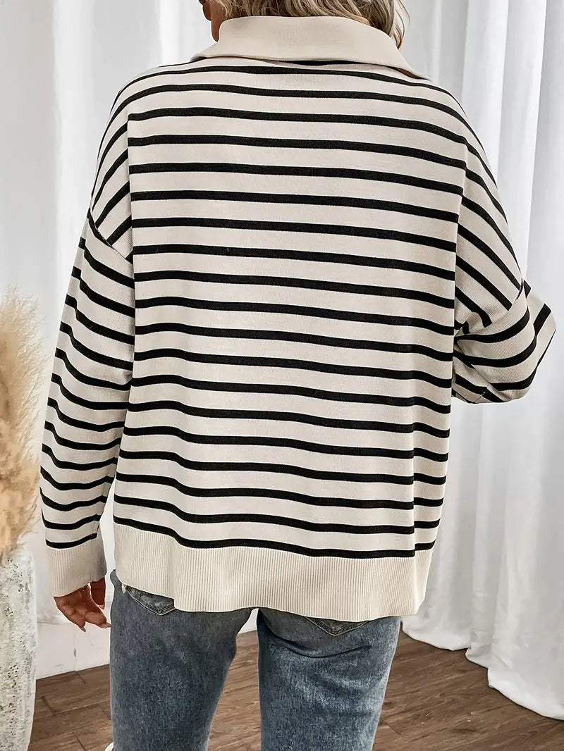 Elegant Stripe Zip Up Collared Sweater