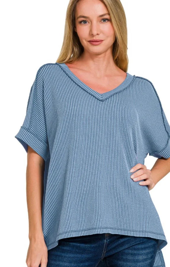 Corded Rib Short Sleeve Hi-Low V-Neck Top