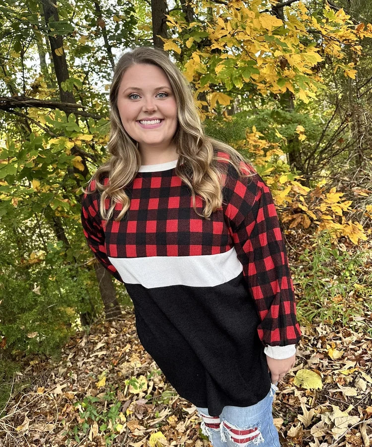 Curvy Buffalo Plaid Contrast Top