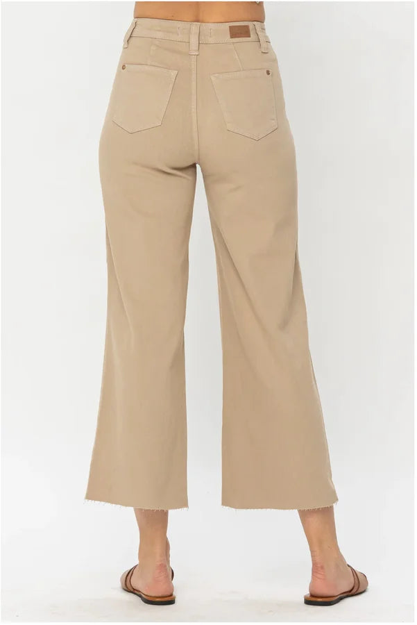 High Waist Garment Dyed Tummy Control Crop Wide Jeans