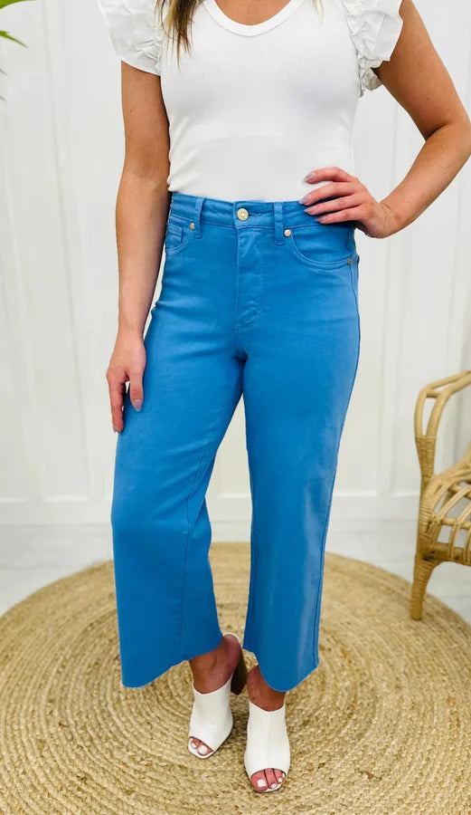 High Waist Garment Dyed Tummy Control Crop Wide Jeans
