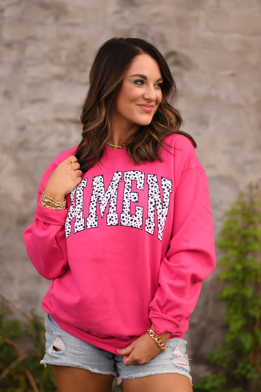 Dalmation Amen Sweatshirt in Hot Pink